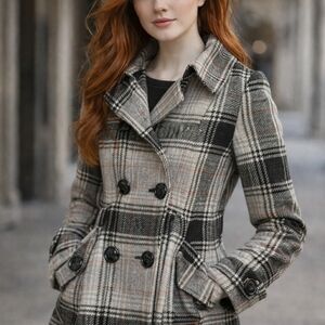 Vintage Guess Plaid Double - Breasted Coat, Wool Blend Fabric, Tailored Waist